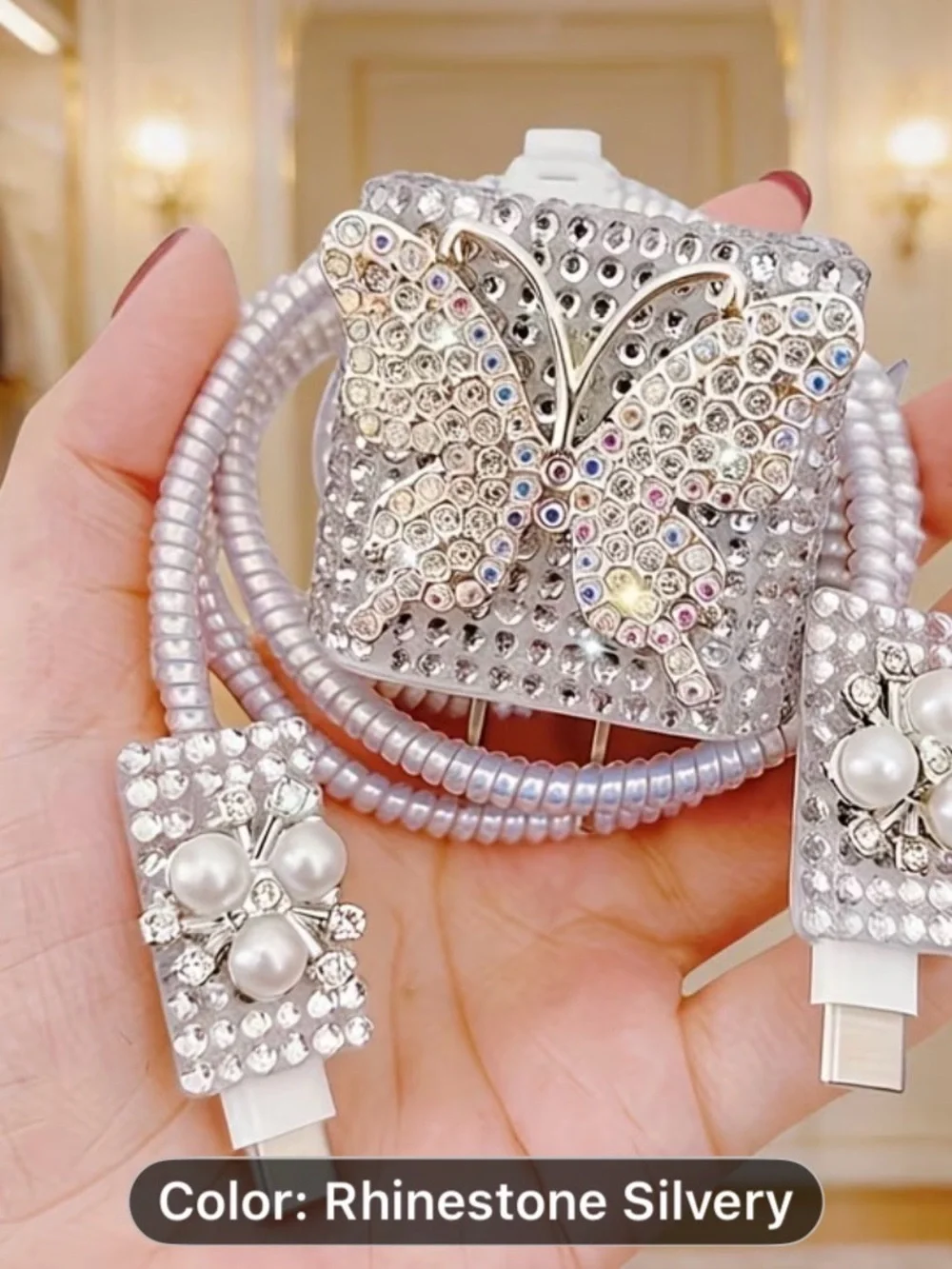 5PCS Rhinestone Silver Luxury Butterfly Bling Charger Set